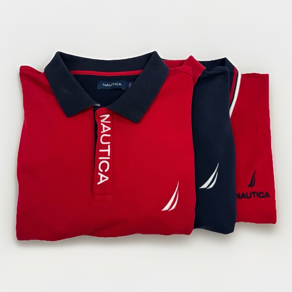 Lot of 3 Nautica Rugby Polo Pique Shirts Men's 2XL Short Sleeves Red & Blue